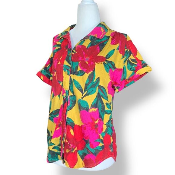 For Cynthia Button Up Shirt Linen Blend Hawaiian  Floral Print Yellow Red Petite - Picture 6 of 9